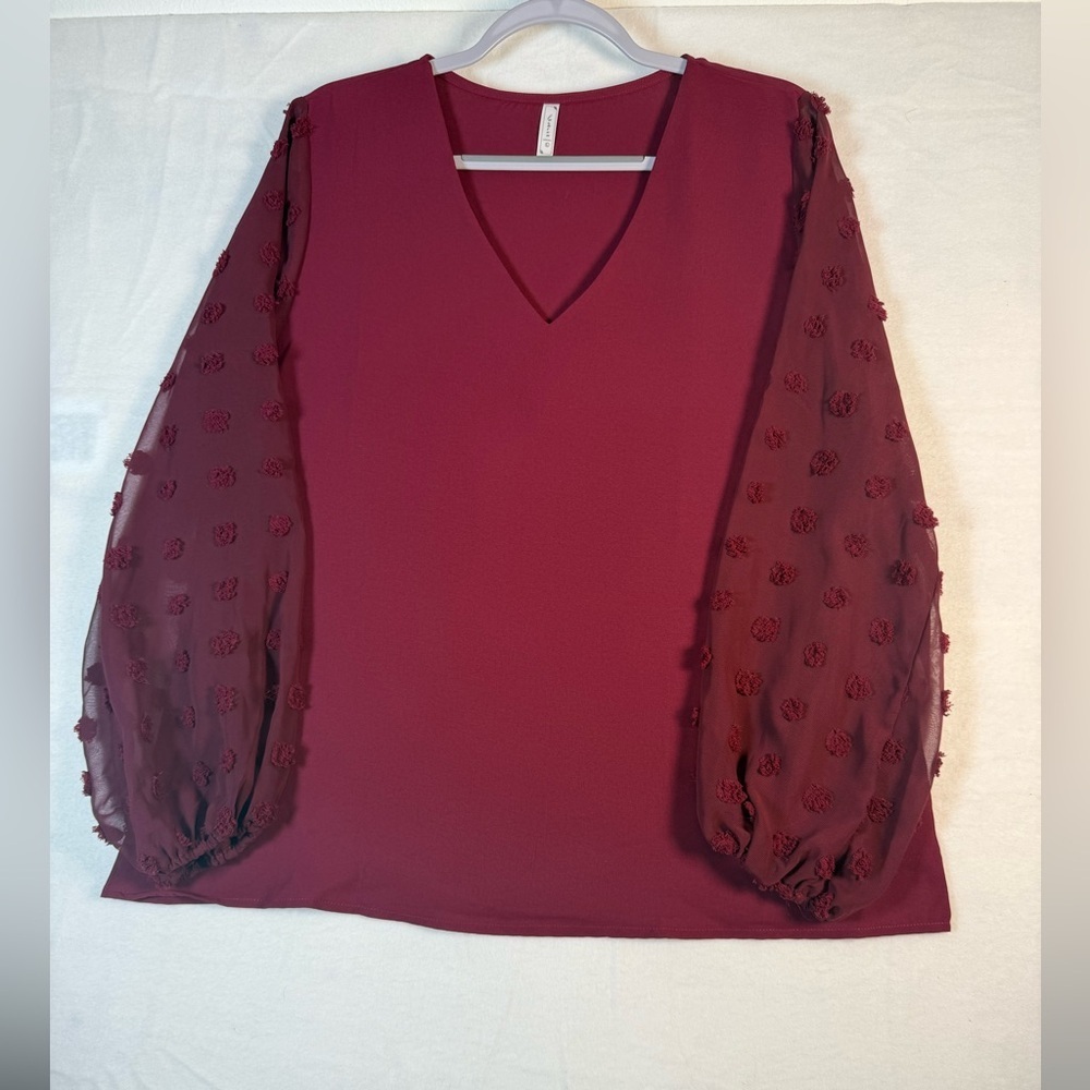 Fashion Women's V-Neck Pullover Maroon Blouse with Shear Arms Size Large